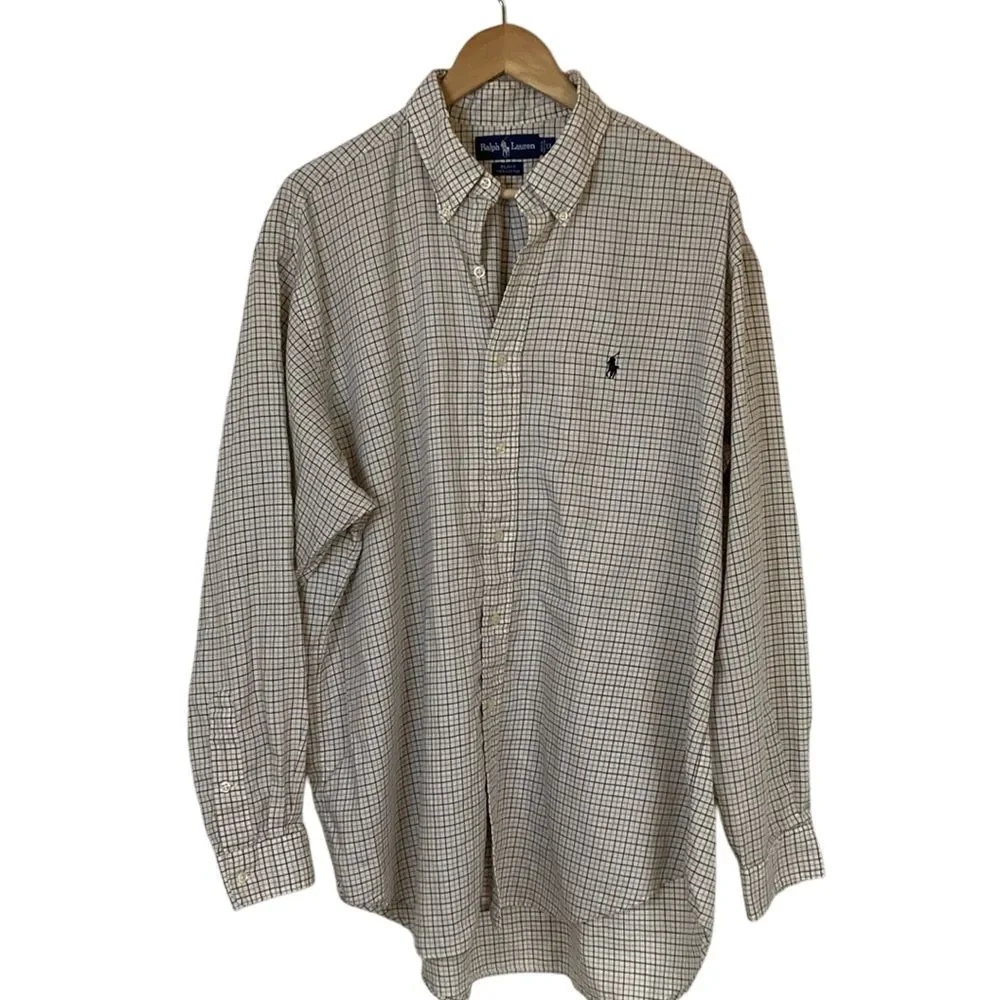 Ralph Lauren Mens Blake Button Down Shirt XL White Gold Navy Windowpane‎ Pony